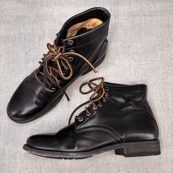 Frye Tyler Boots Lace Up Black Leather Short Ankle‎ Combat Moto Women's size 9 - Picture 1 of 11